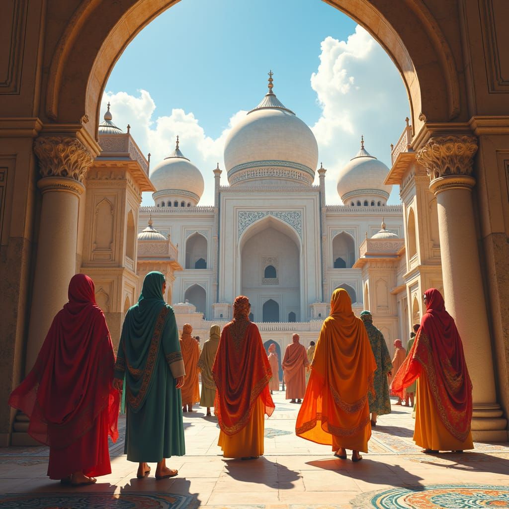 People in Traditional Dress Amidst Fantasy Architecture