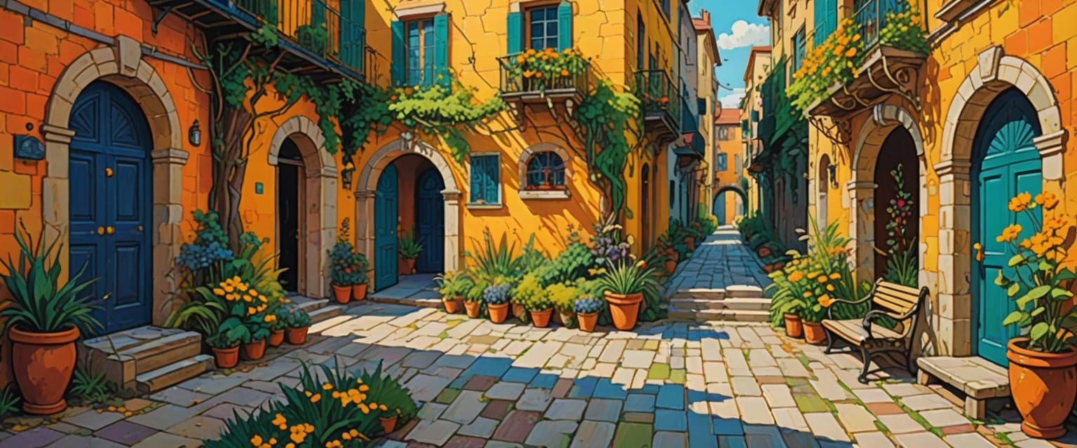 Whimsical Alleyway Concept Art in Fauvist Style