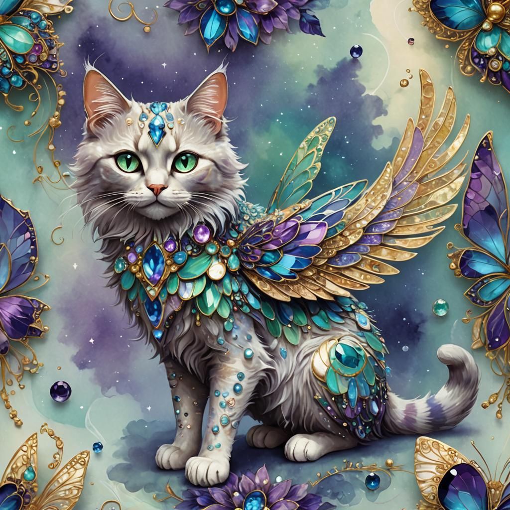 Fantastical Cat with Shimmering Fur in Magical Forest