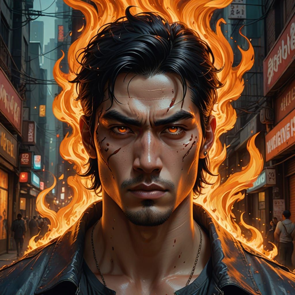 Evil God-Like Manwha Hero with Fiery Eyes