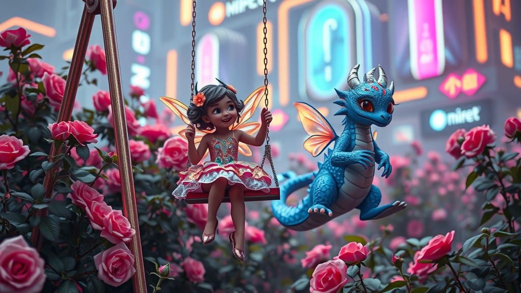 Cyberpunk Fairies Swing Amidst Glowing Rose Garden