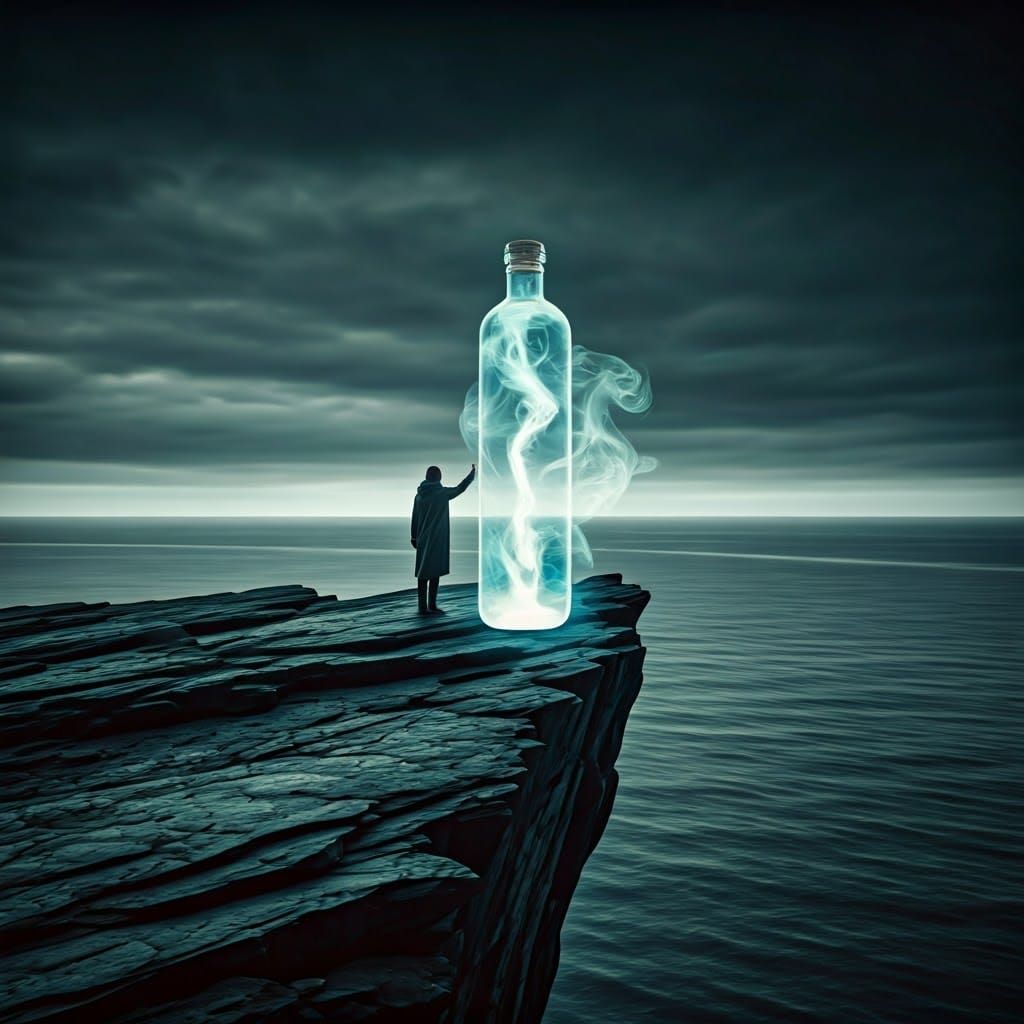 Futuristic Figure with Glowing Bottle on Stormy Cliff