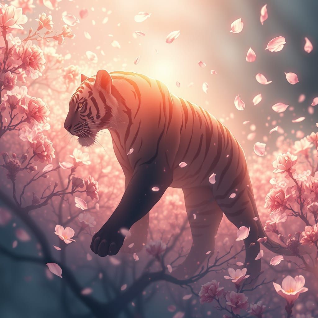 Majestic Tiger Amidst Delicate Cherry Blossom Petals