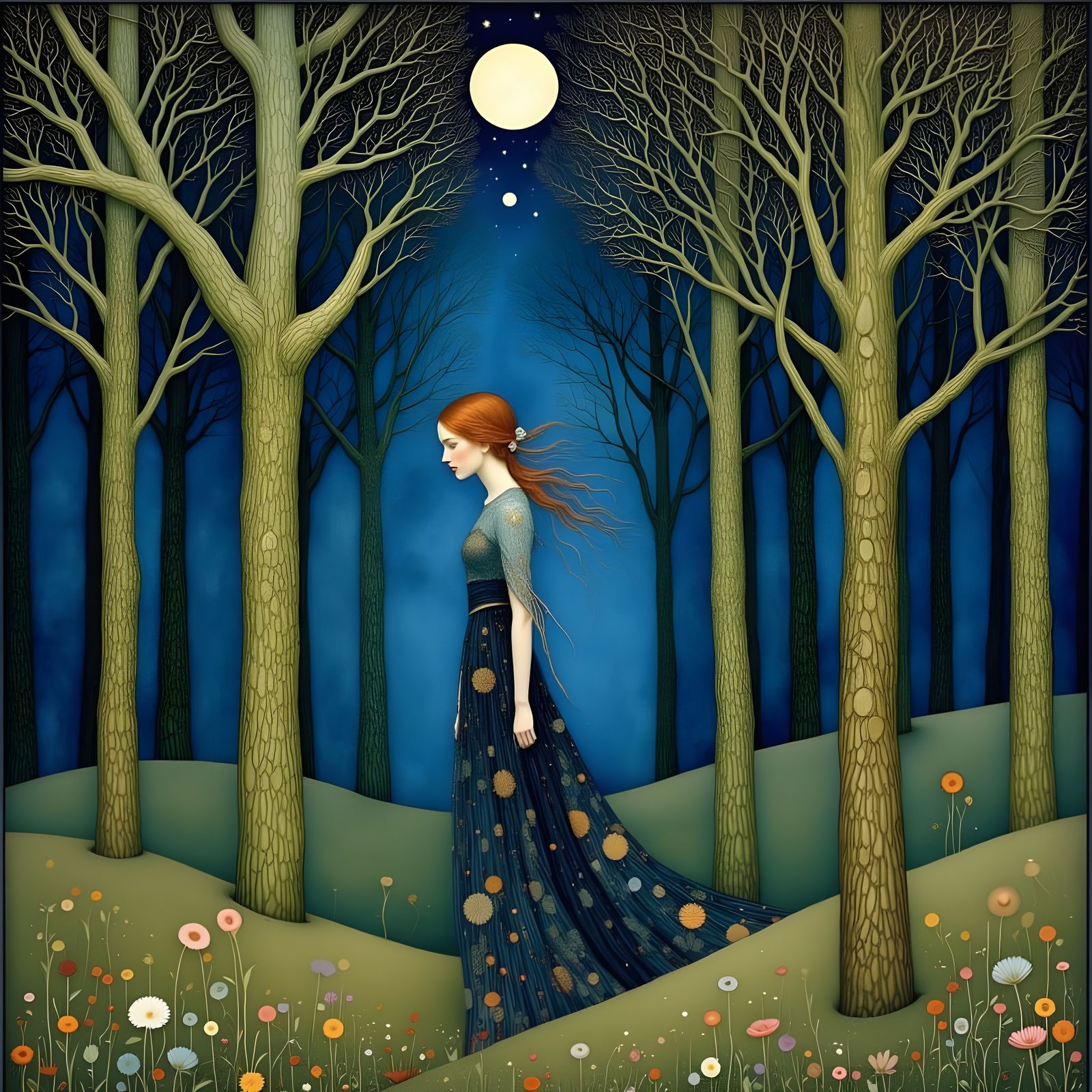 Folk Art Nouveau Night Garden Scene