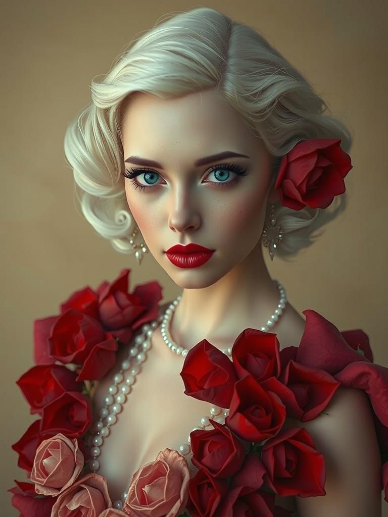 1920s Femme Fatale in Rose Gown, Hyperrealistic 3D Portrait