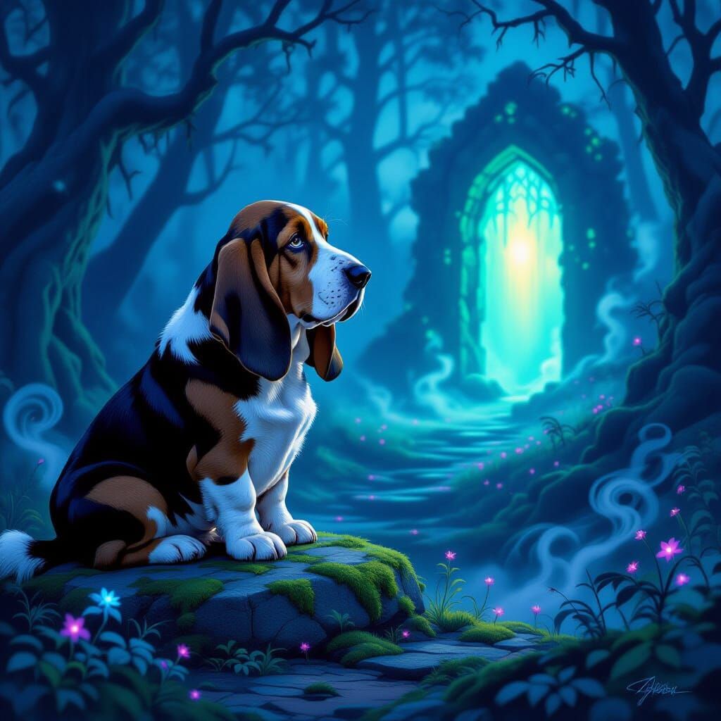Sad Basset Hound Gazes at Glowing Portal in Dark Fantasy For...