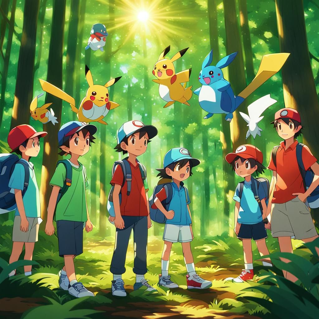 Pokemon Trainers Unite in Vibrant Forest Digital Art