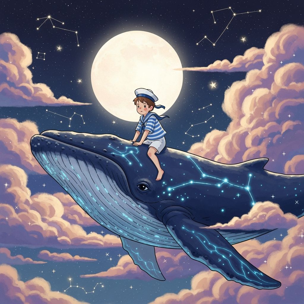Boy on Whale in Dreamy Starry Night Sky