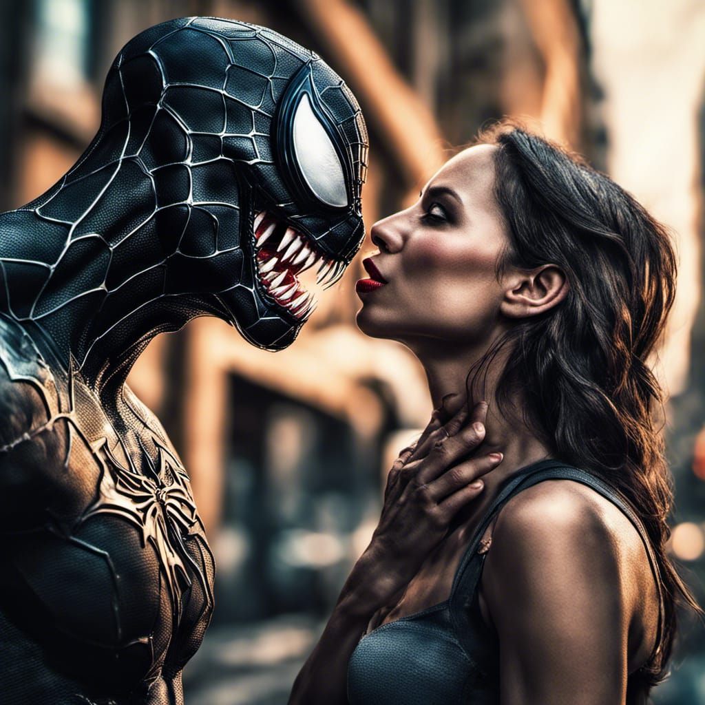 Hyperrealistic Portrait: Venom and Spider-Woman Kiss