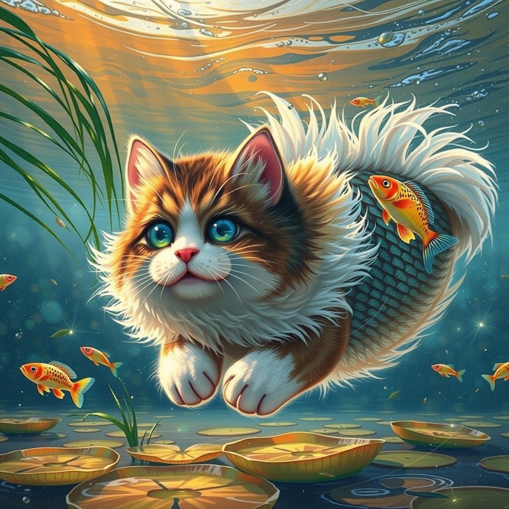 Whimsical Cat-Fish in a Tropical Pond Paradise
