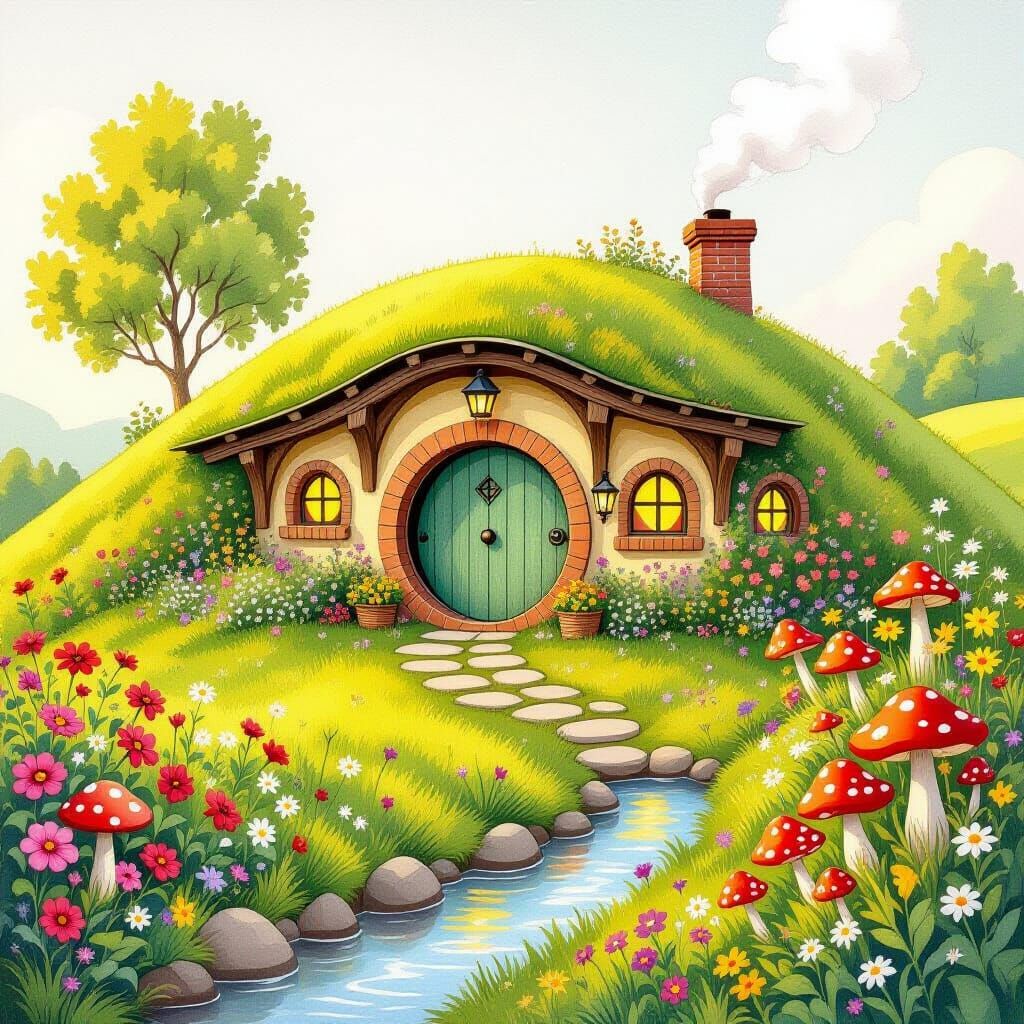 Cozy Hobbit Hole in a Lush Garden at Sunset