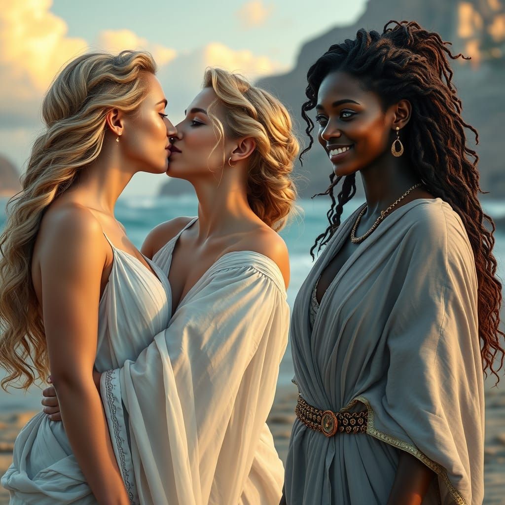 Ancient Greek Beach Scene with Kiss in Digital Matte Paintin...