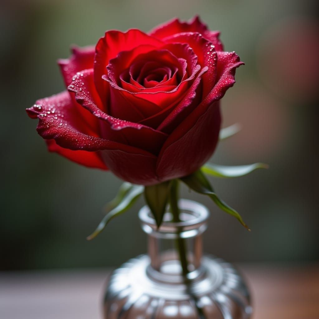 Photorealistic Red Rose in Crystal Vase with Dew Drops