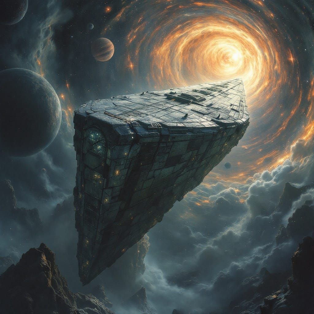 Ancient Stone Spaceship Among Swirling Stars