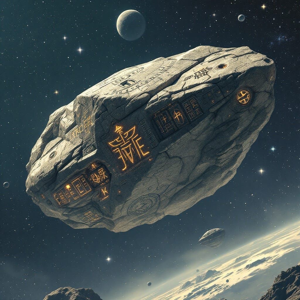 Granite Spaceship Carved with Runes in Dreamlike Expanse