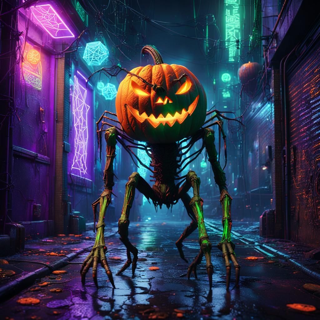 Cyberpunk Halloween Creature in Neon Alleyway