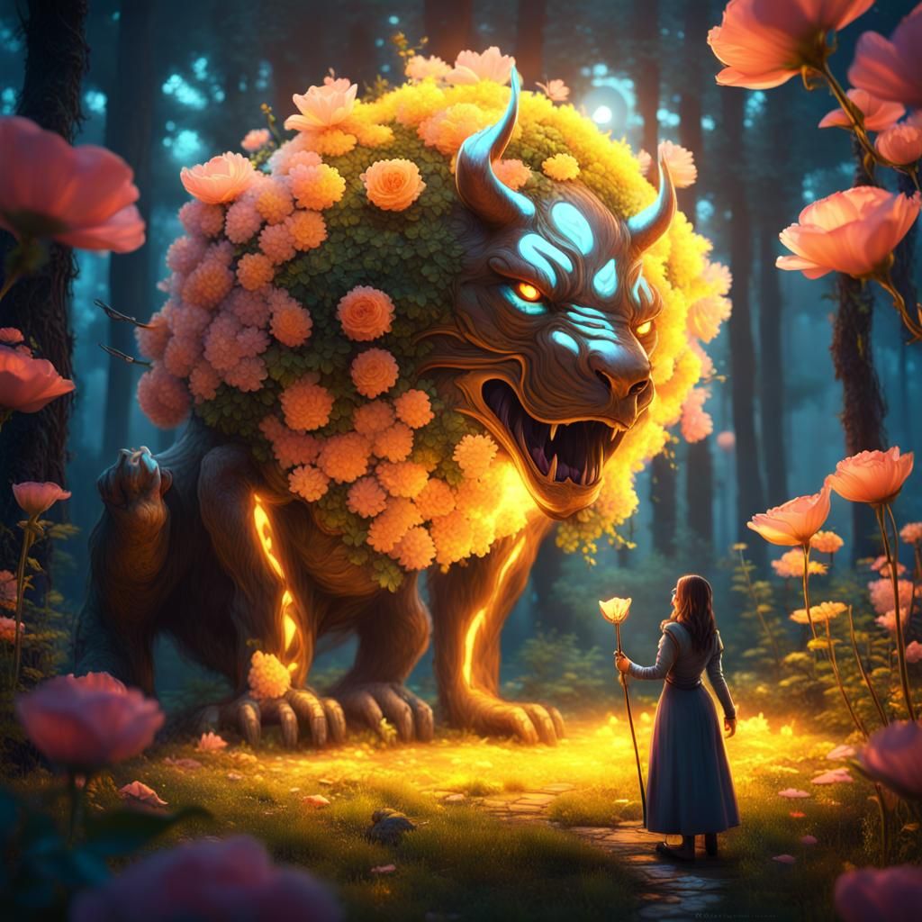 Magical Beast and Glowing Flower in Wonderland