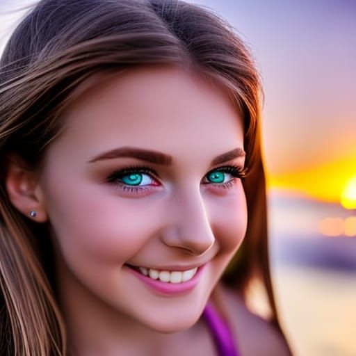 Girl with Green Eyes and Swallows at Sunset