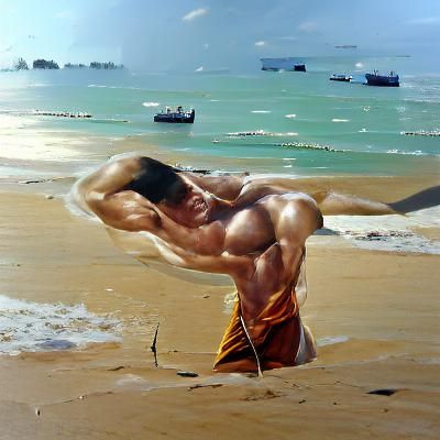 Muscular Thai Man on Beach: Oil Painting