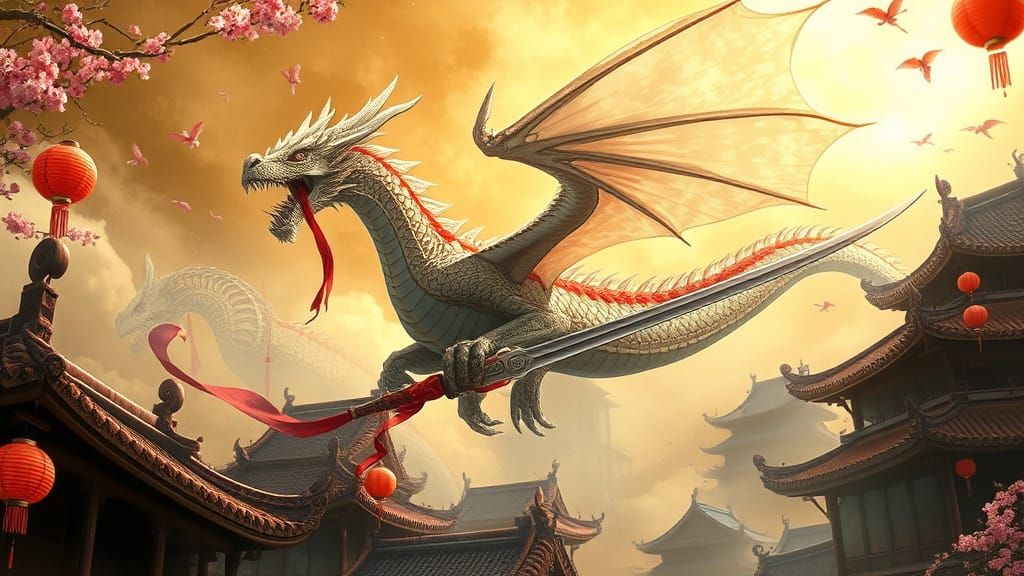 Translucent Dragon Soaring Through Golden Mist