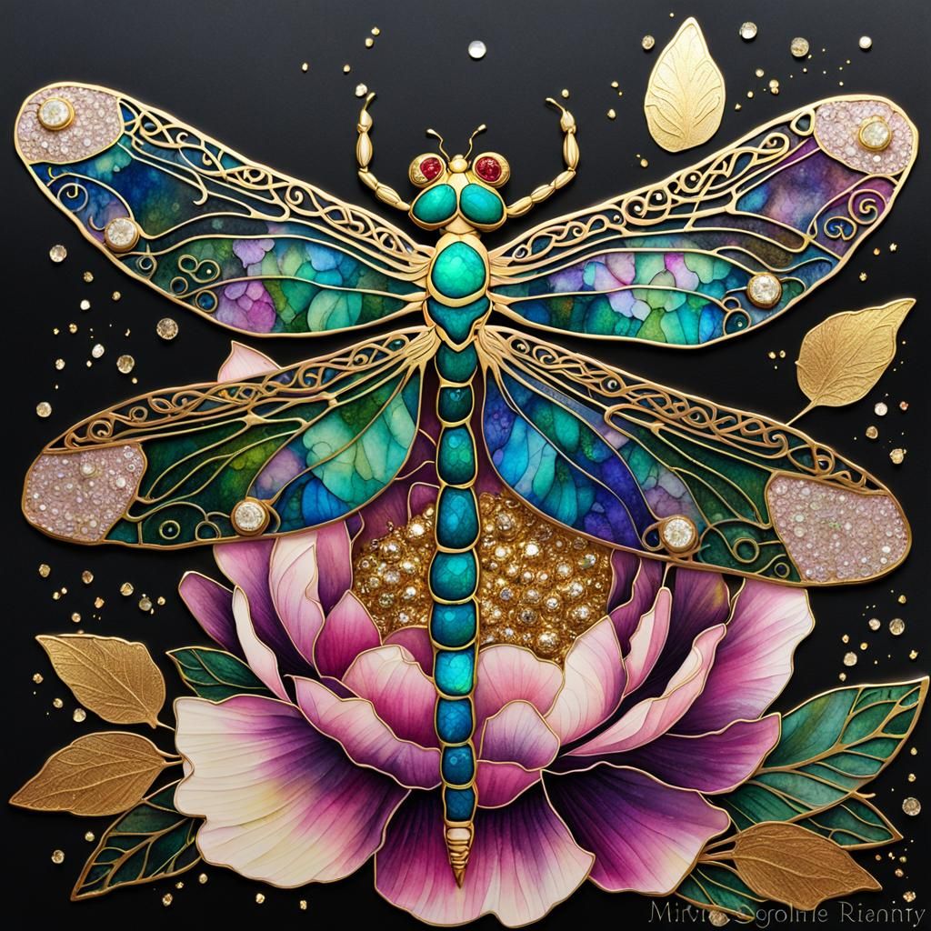 Celtic Dragonfly on Peony with Gold Leaf Accents