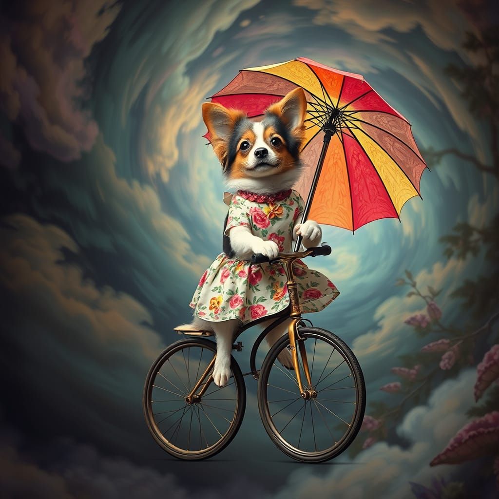 Calico Dog Rides Unicycle in Vintage Surrealism