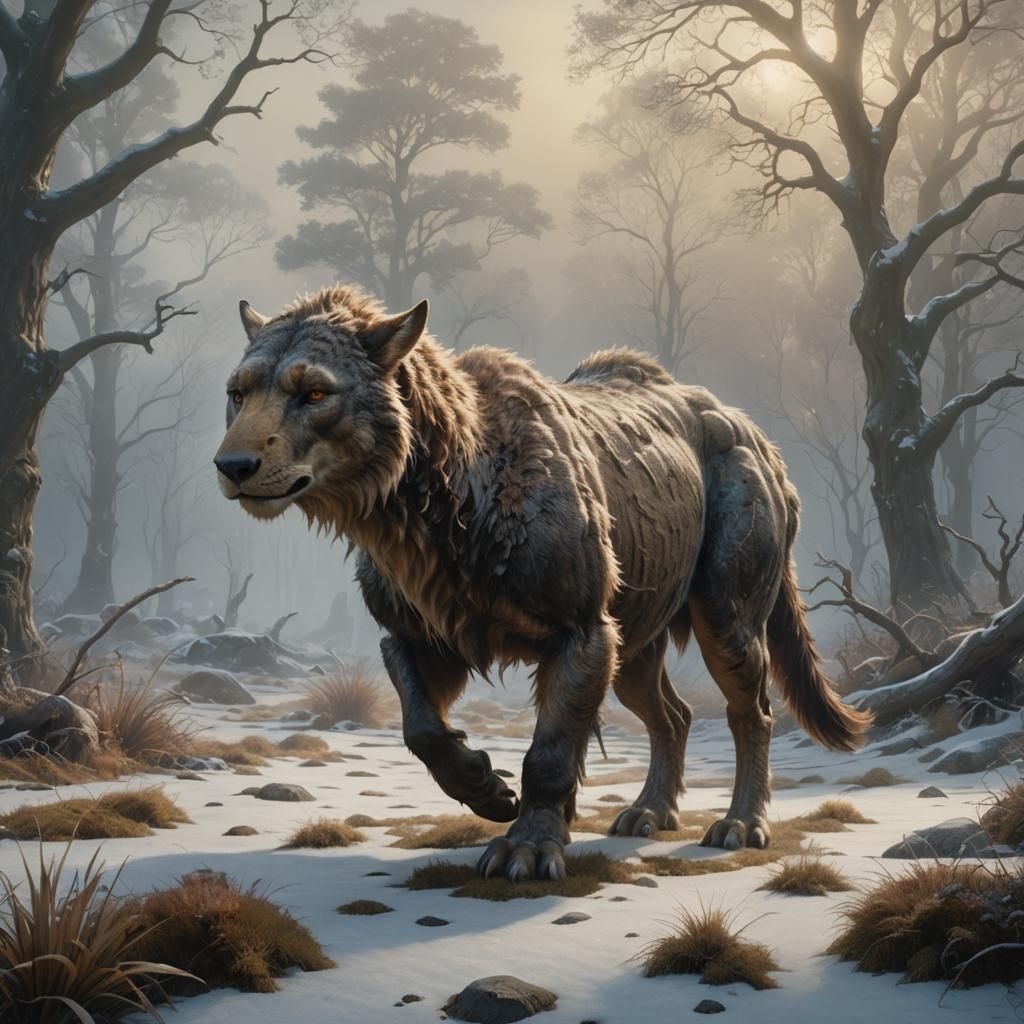 Prehistoric Creature Roaming Misty Landscape in Hyperrealism