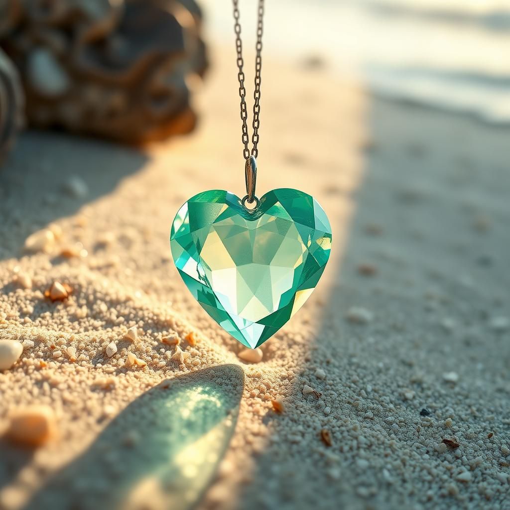 Emerald Heart Pendant on Sandy Beach in Steampunk Style