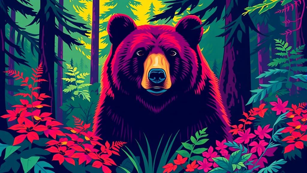 Grizzly Bear in Rainforest, Pop Art Style