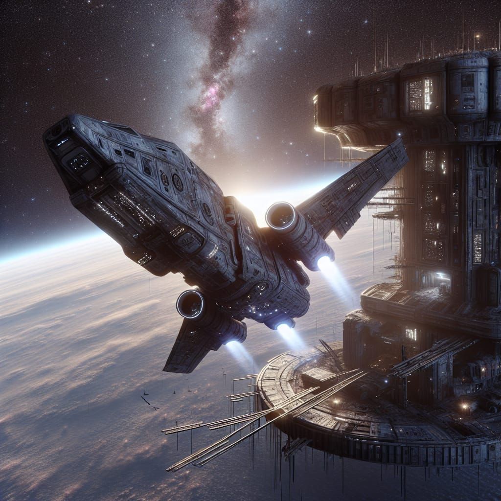 Futuristic Spacecraft Approaches Abandoned Space Station