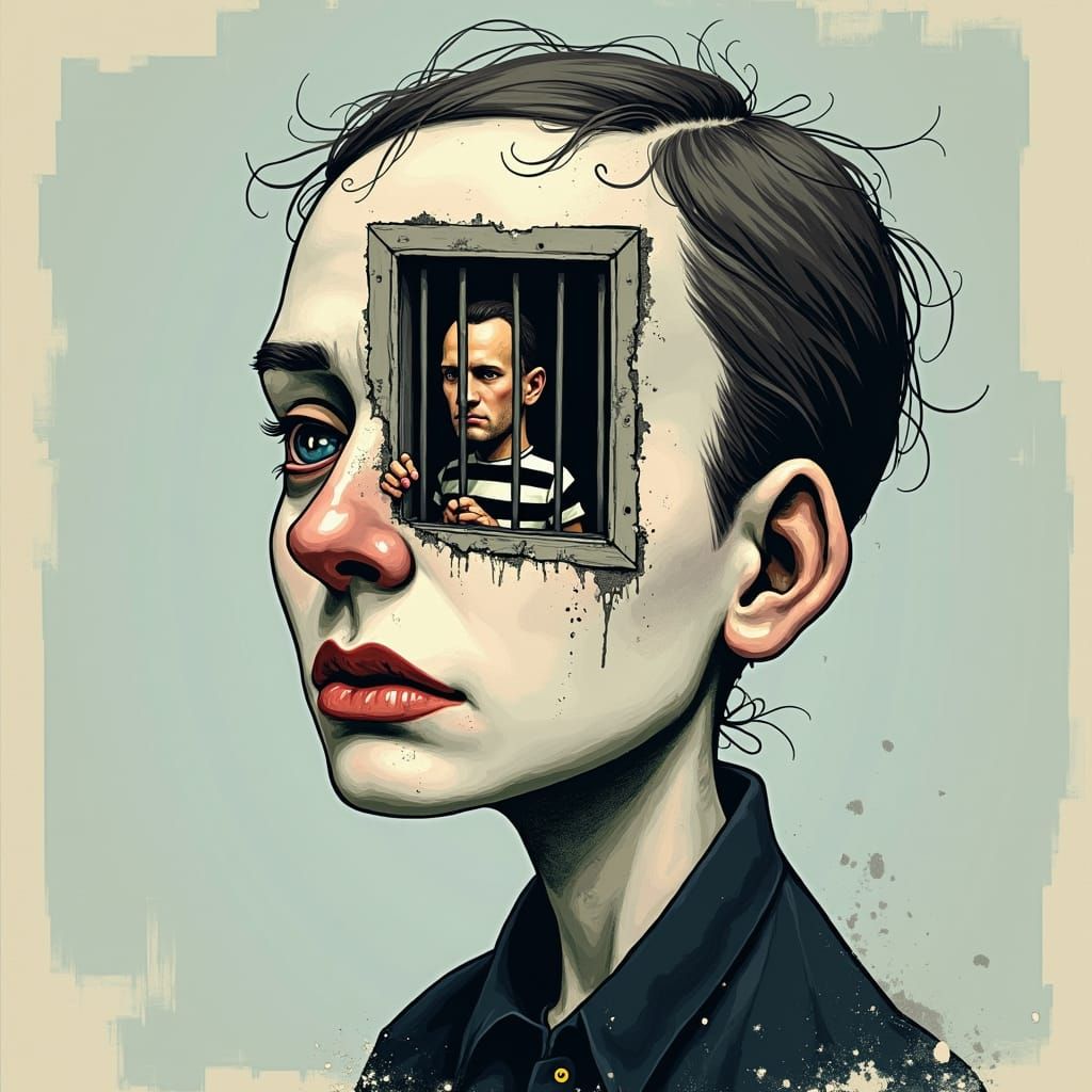Distressed Human Head with Barred Window in a Muted Palette