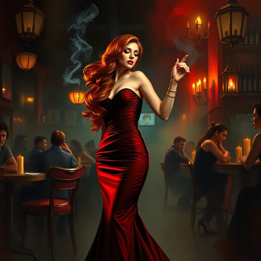 Voluptuous Persian Woman Dancing in Cafe, Moody Lighting