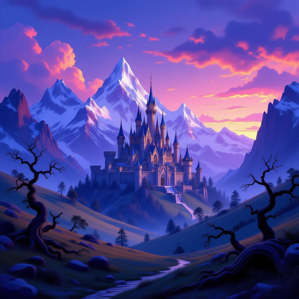 Magical Medieval Palace Amidst Jagged Mountains at Twilight