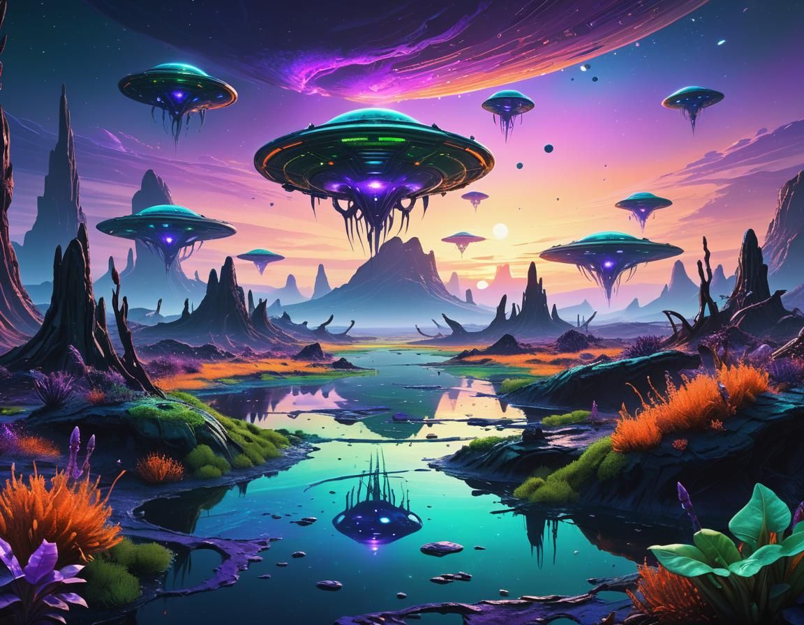 Alien Landscape with Bioluminescent Plants as Oil Painting