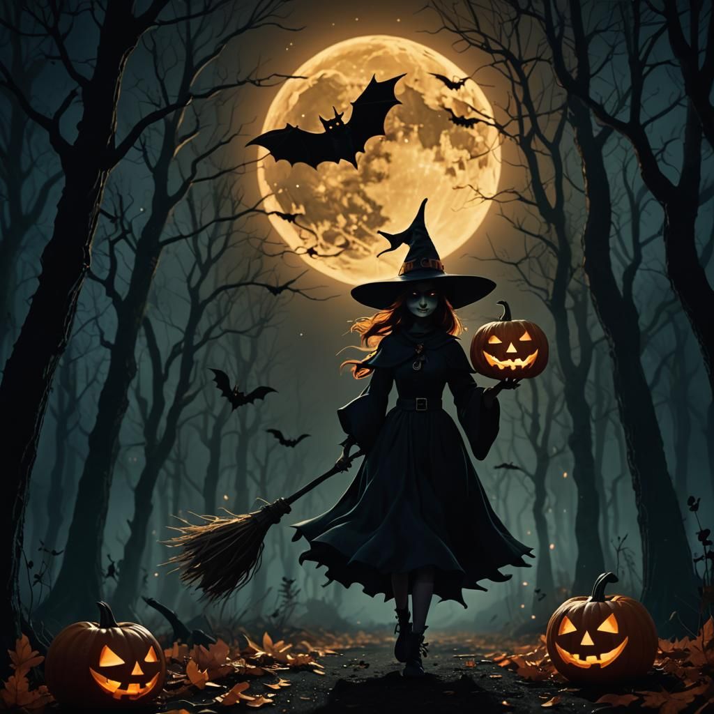 Gothic Witch Flying with Jack-o-Lantern