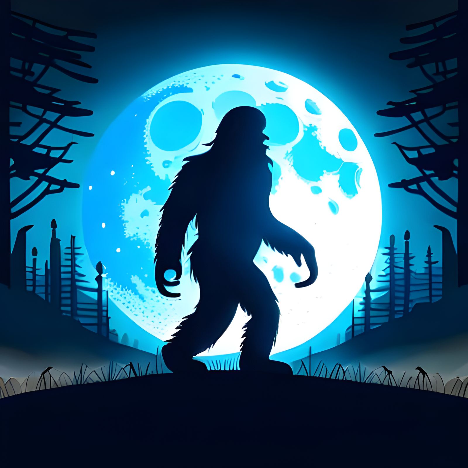 Sasquatch Silhouette Under a Giant Blue Moon