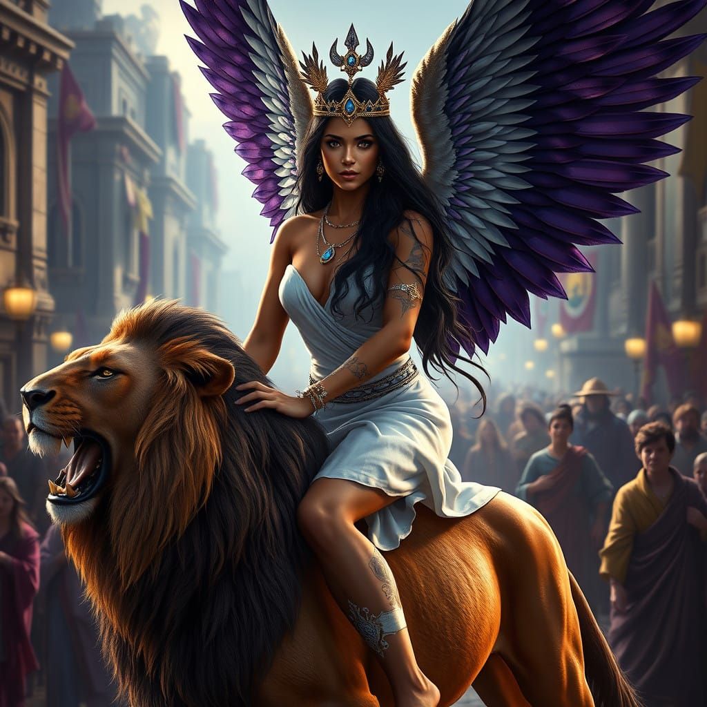 Sensual Goddess Rides Lion through Medieval City in Dark Fan...