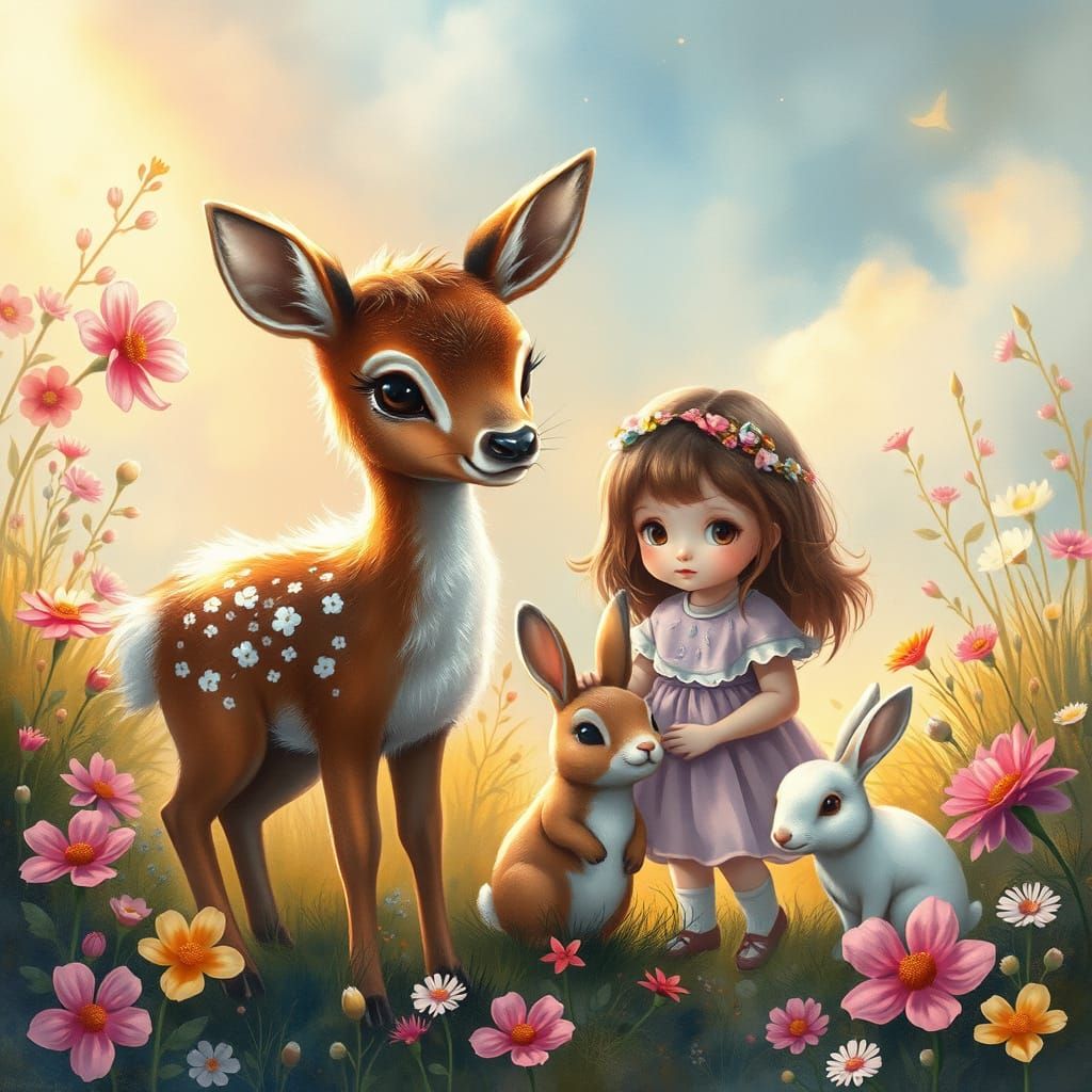 Whimsical Deer, Bunny, and Girl in Surreal Flower Landscape