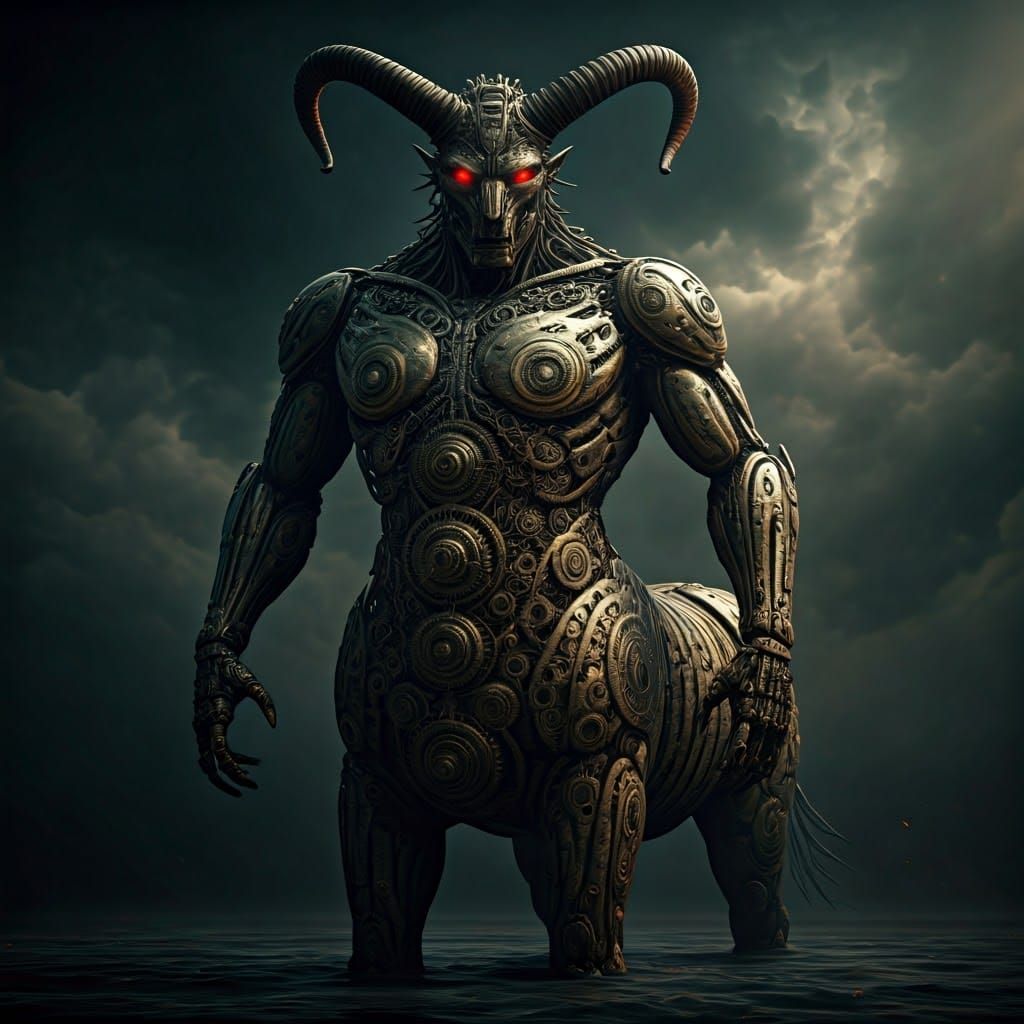 Mechanical Centaur with Fiery Eyes in Cinematic Style