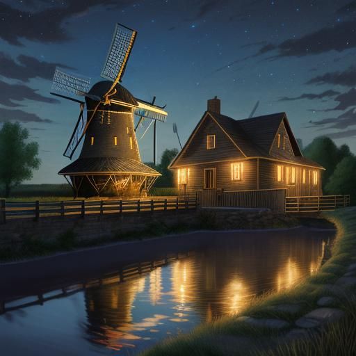 Steampunk Windmill Beside Creek on Summer Night