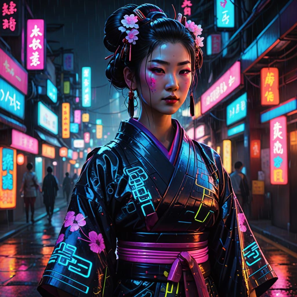 Cyberpunk Geisha in Neon Cityscape