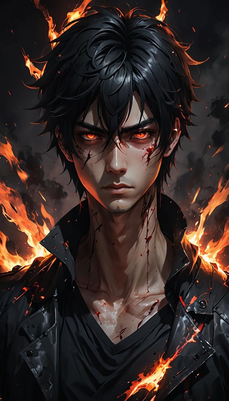 Gritty Anime Young Man in Fiery Blackness