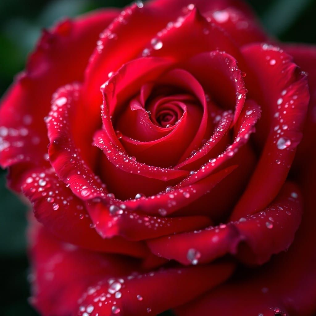 A hyper-detailed close-up card featuring macro photography of a single red rose with dewdrops forming tiny heart reflect...