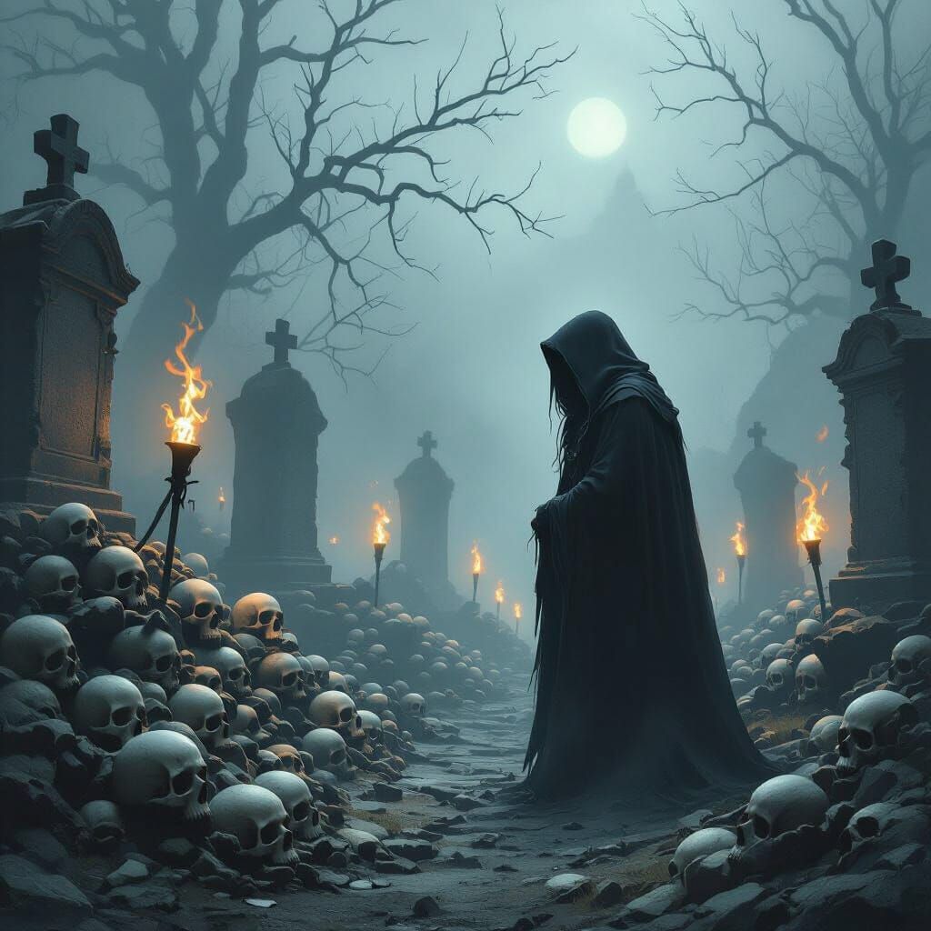 Mysterious Hooded Figure in Misty Graveyard at Night