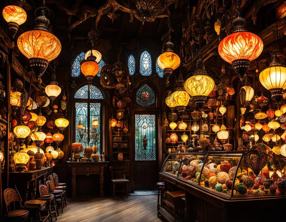 Magical Lamp Shop Inspired by Golden Age Illustration