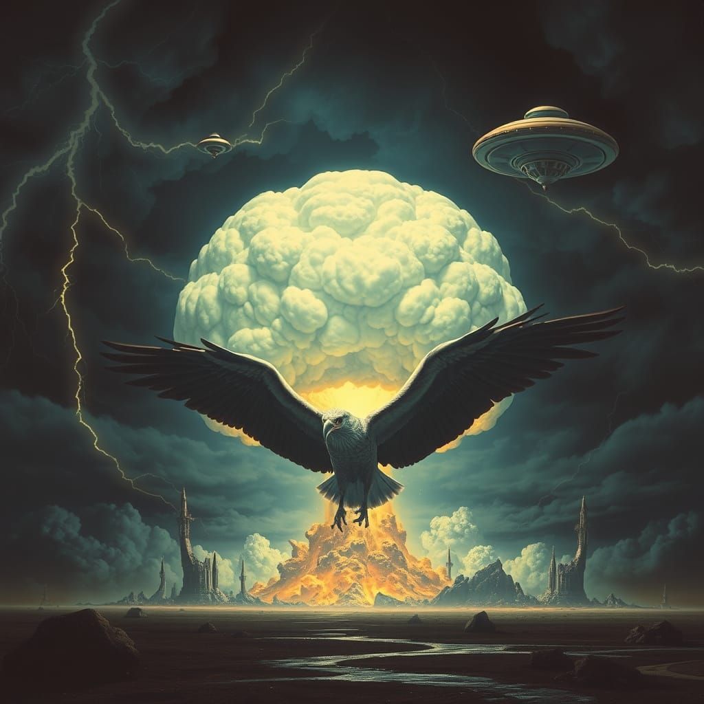 Condor Emerges from Atomic Explosion in Sci-Fi Style