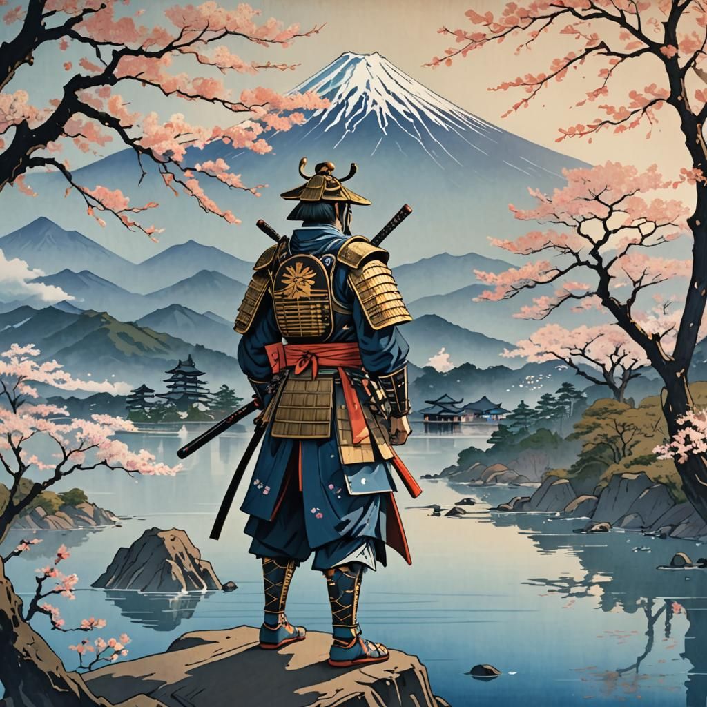 Samurai at Mount Fuji in Ukiyo-e Style