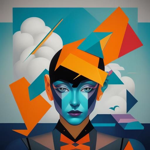 Surreal Woman's Face Floating in Clouds as Cubist Art