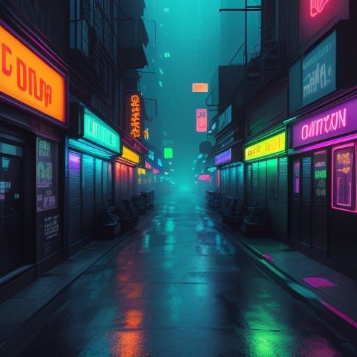 Colorful City at Night in Neon Noir Style