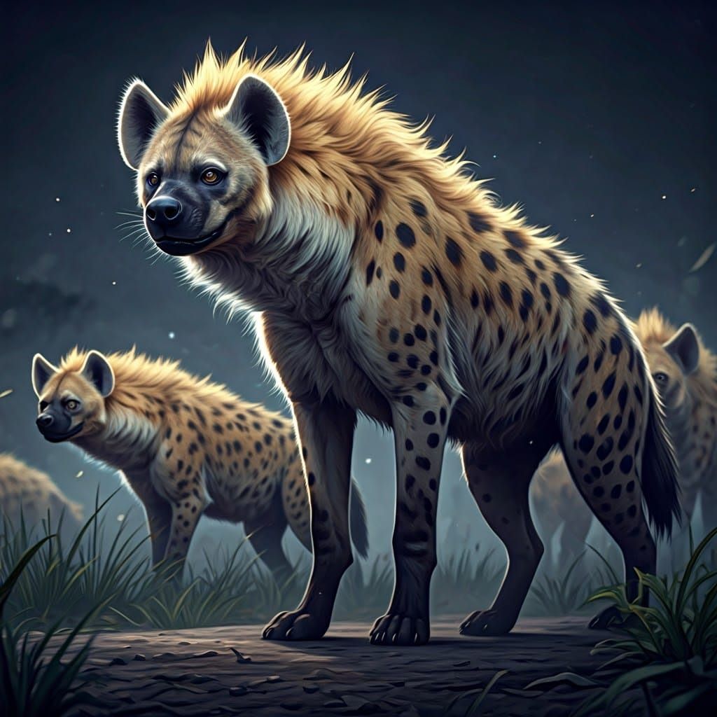 Hyenas on Moonlit Savannah in Anime Style